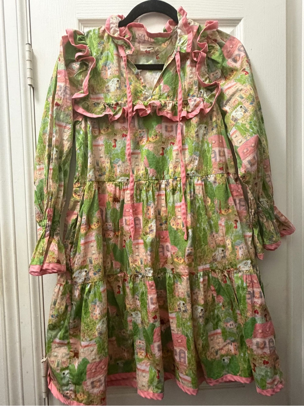entro Green and Pink Ruffle Tiered Cottagecore Dress